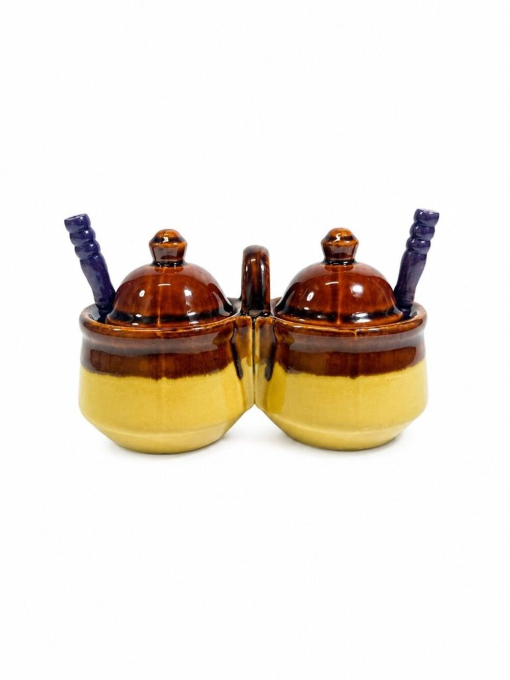 Stoneware Pottery Condiment Dish Double Vintage Bowl Taiwan Dish Handle Brown Sp